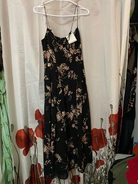 Reformation Black Maxi Dress with Beige Floral Motif